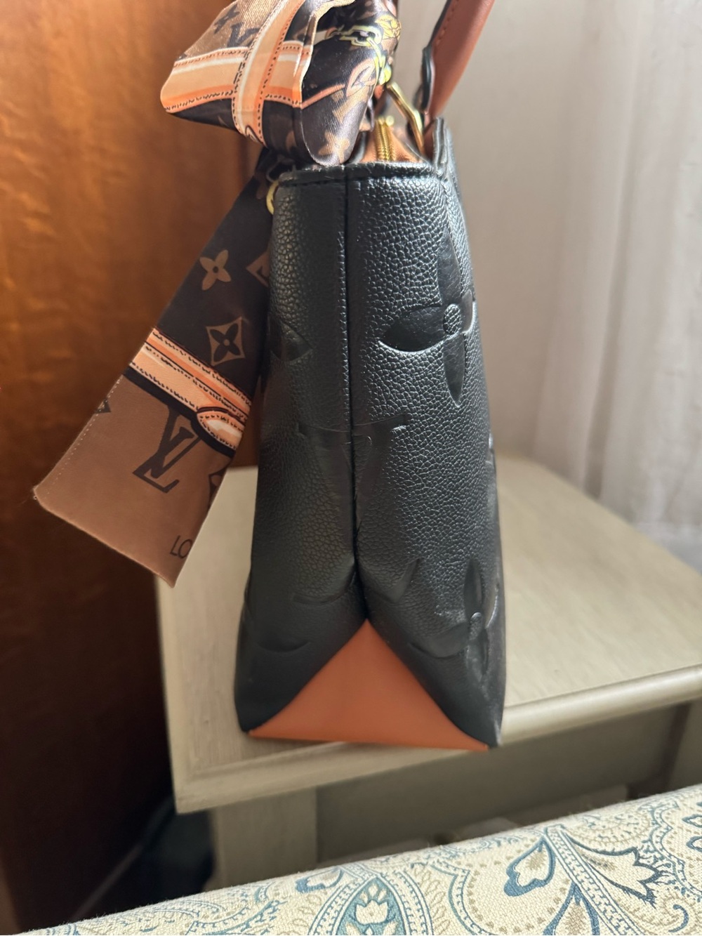 Black Embossed Leather Tote with Tan Trim - Picture 4 of 8